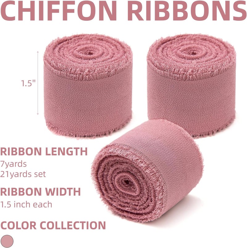 KEOSREE 3 Rolls Dusty Rose Handmade Chiffon Ribbon,1.5" x 21Yd Frayed Fringe Silk Mauve Ribbons (3 Rolls *7Yd) for Gifts Wrapping, Wedding Invitations, Bridal Bouquets, Decorations - Image 2